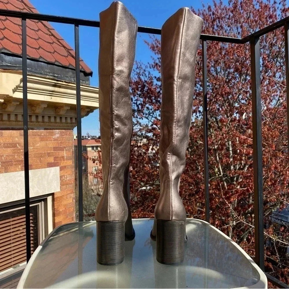 New Free People Grayson Tall Knee High Boots Leather Heeled Pewter Metallic - Picture 7 of 12